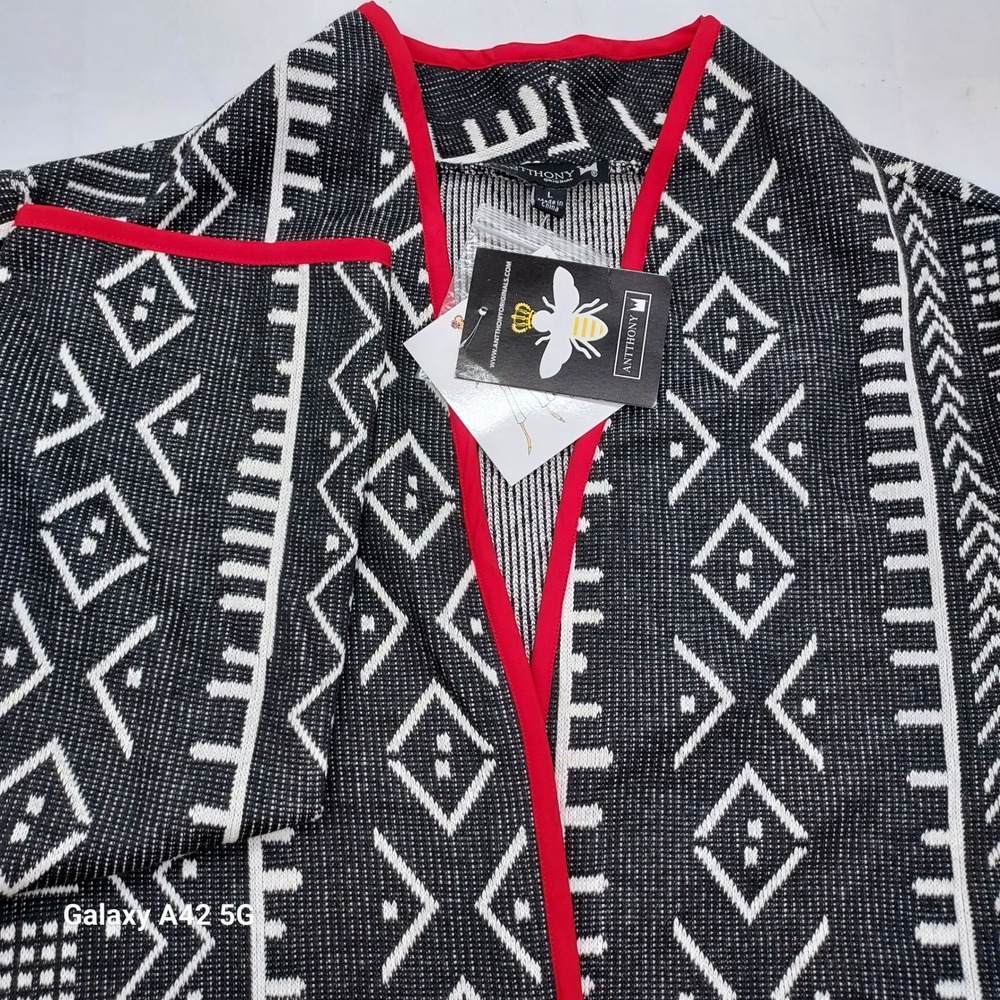 ANTHHONY‎ Originals Black White Aztec Geometric Red Trim Cardigan - L